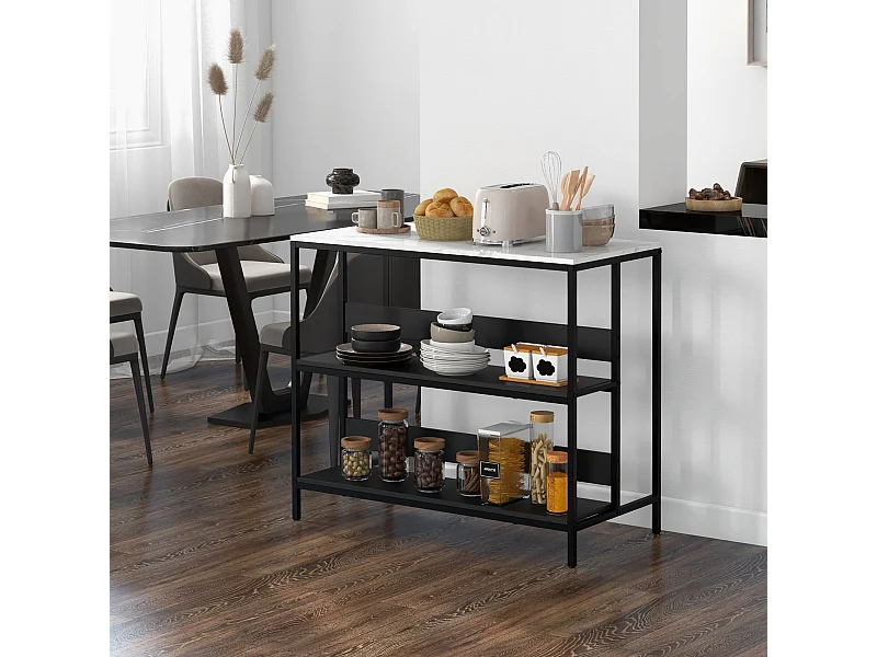 Isola da cucina con piano effetto marmo e metallo nero e bianco