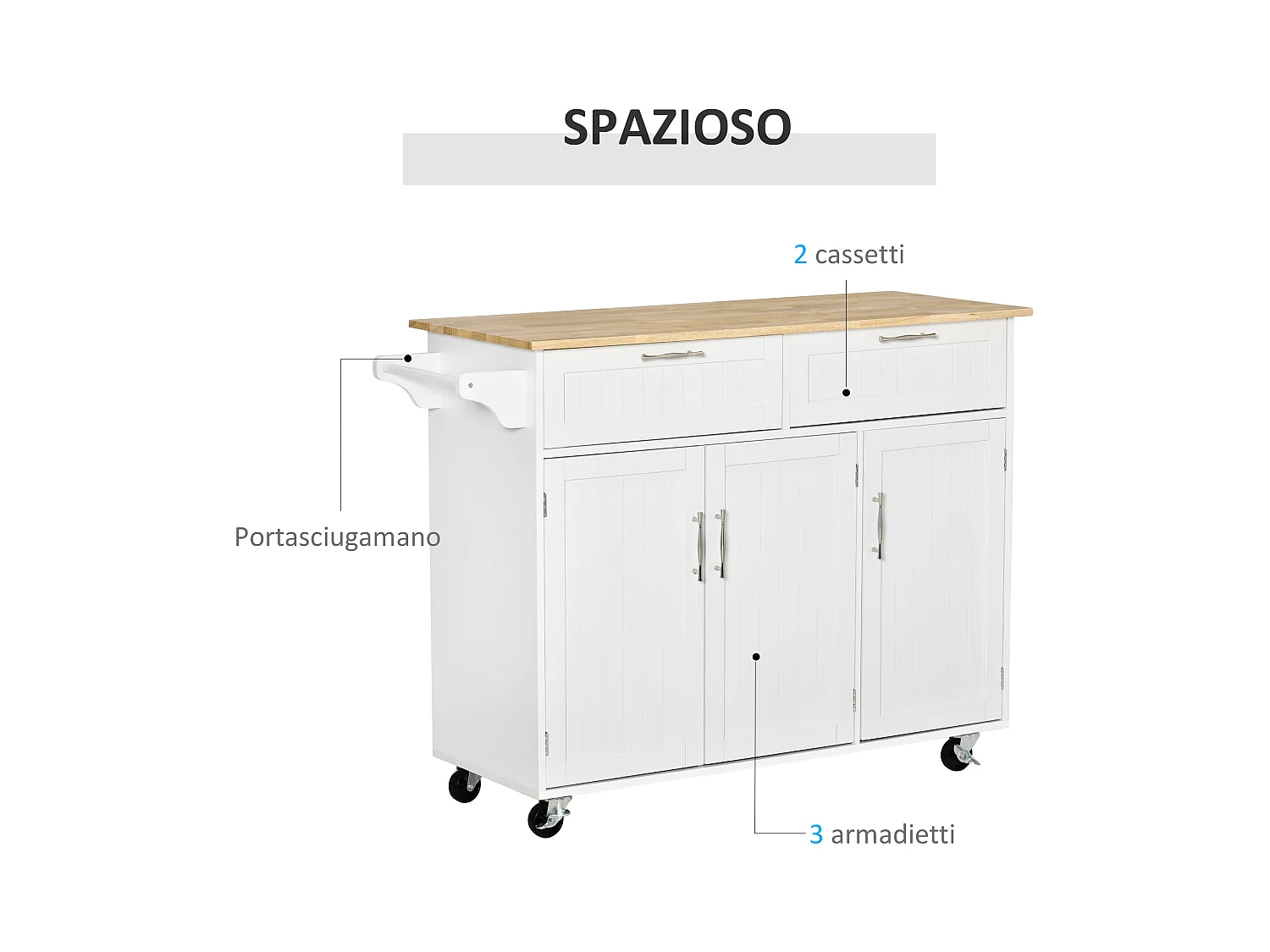 Carrello da cucina multiuso in legno 121x46x91cm bianco