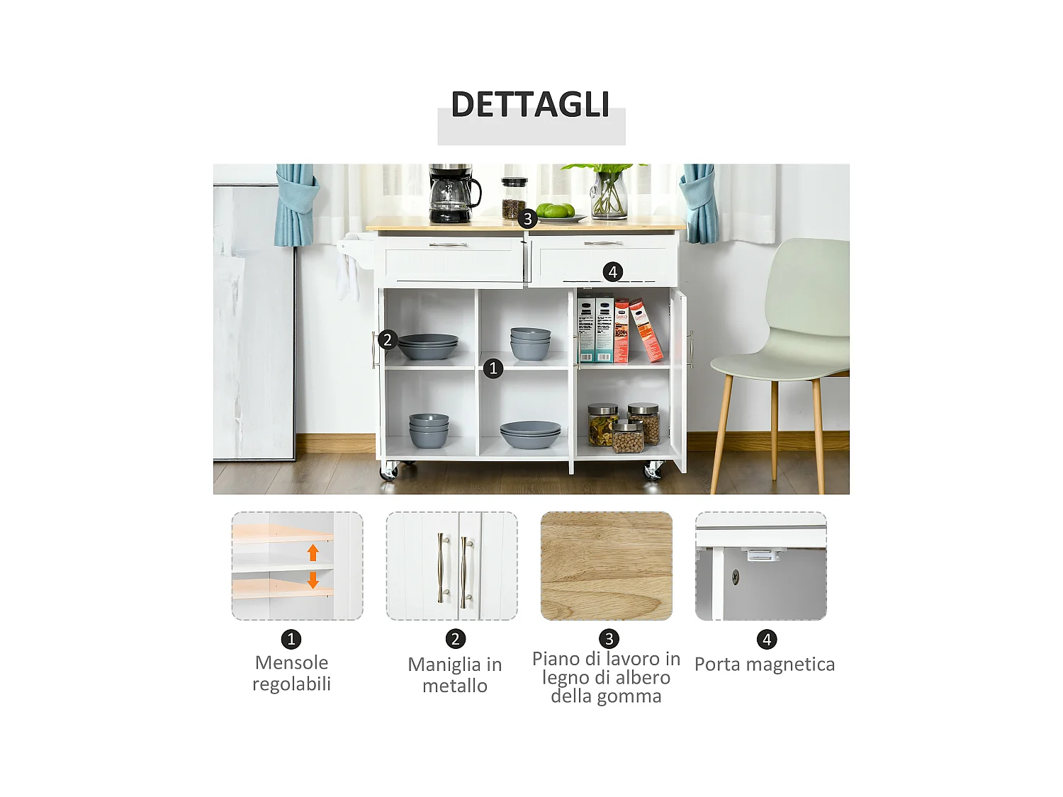 Carrello da cucina multiuso in legno 121x46x91cm bianco