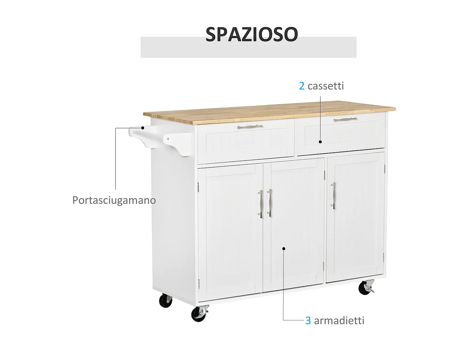 Carrello da cucina multiuso in legno 121x46x91cm bianco