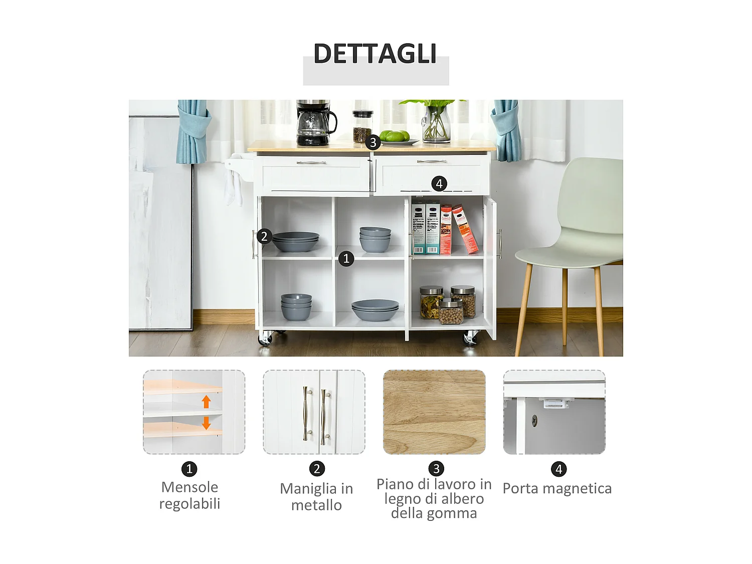 Carrello da cucina multiuso in legno 121x46x91cm bianco