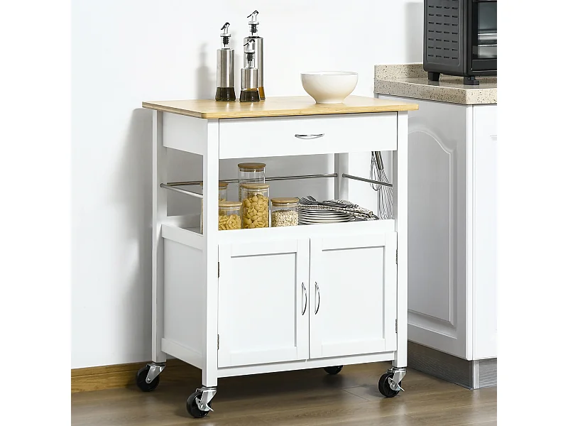 Carrello cucina con armadietto cassetto 4 ruote piano in bambù