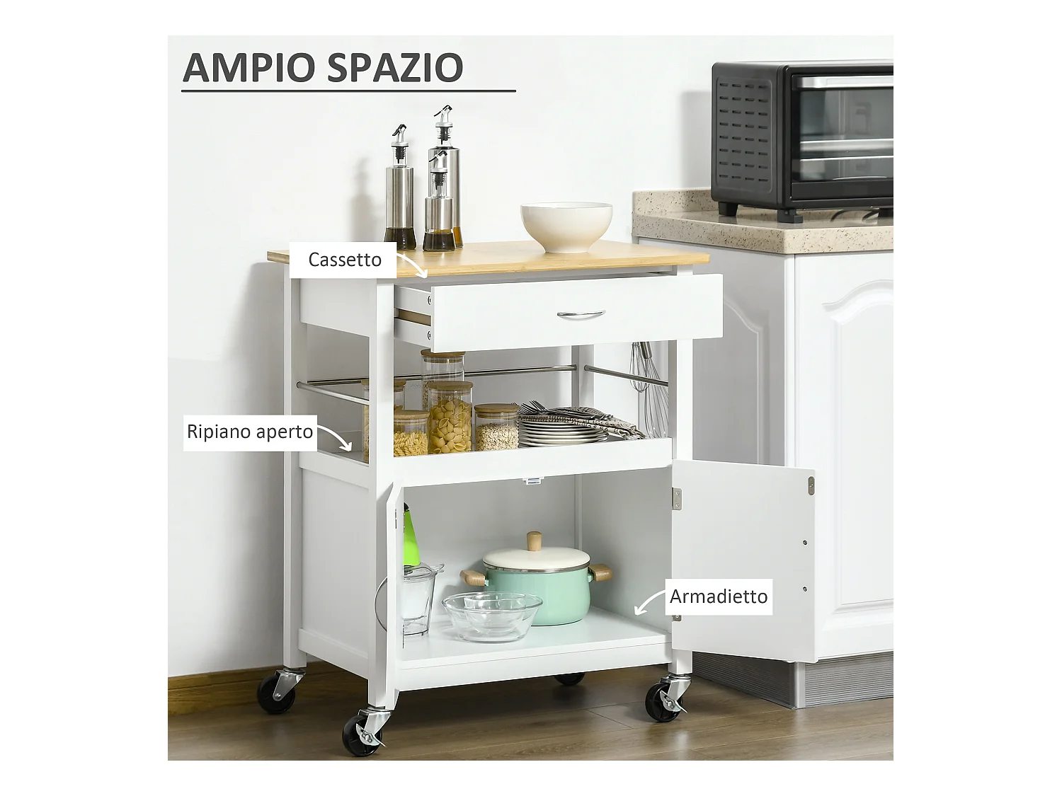 Carrello cucina con armadietto cassetto 4 ruote piano in bambù