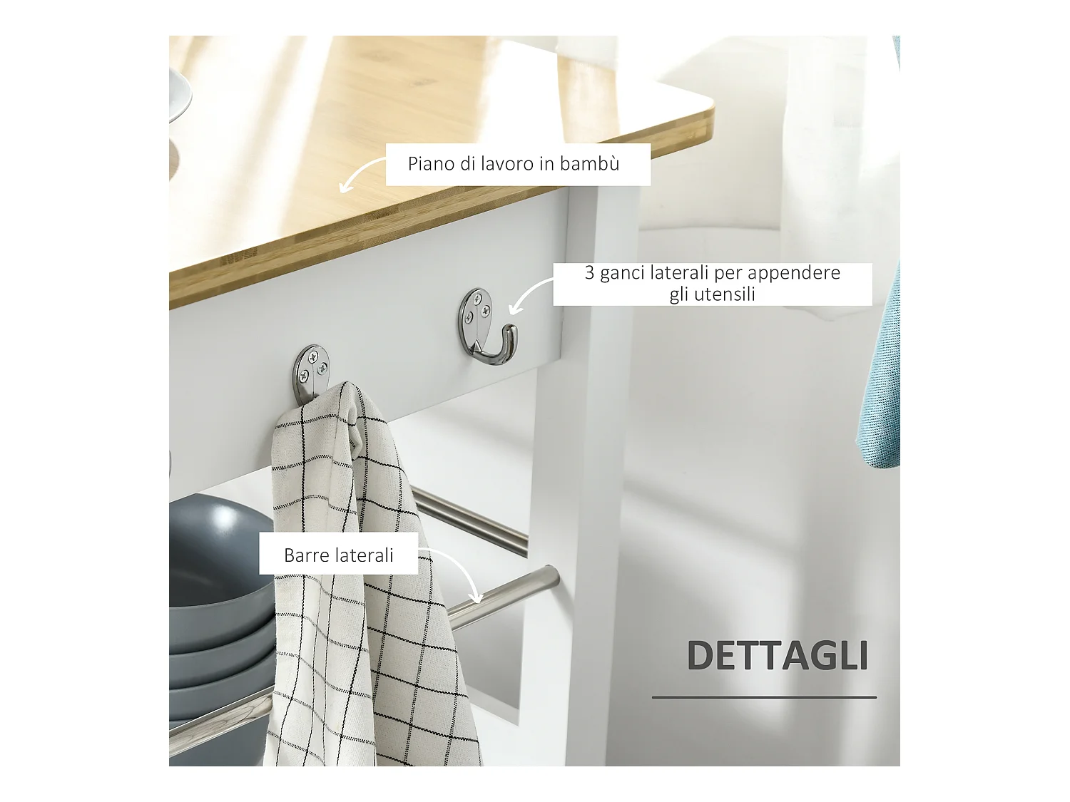 Carrello cucina con armadietto cassetto 4 ruote piano in bambù