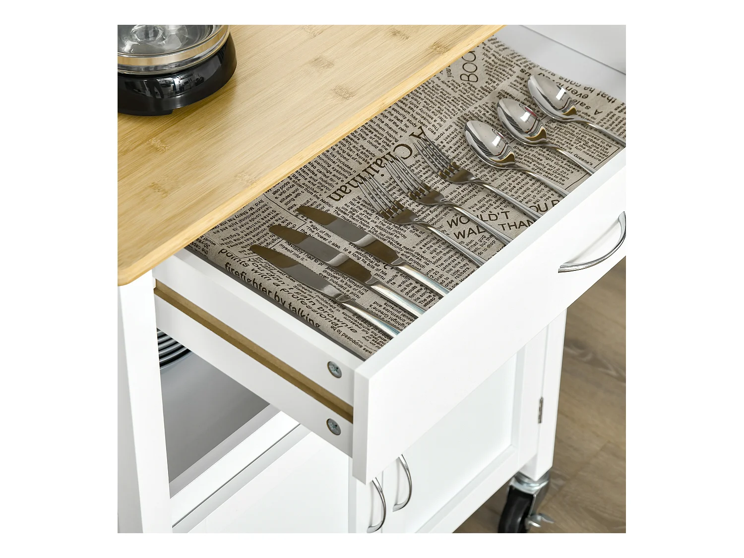 Carrello cucina con armadietto cassetto 4 ruote piano in bambù