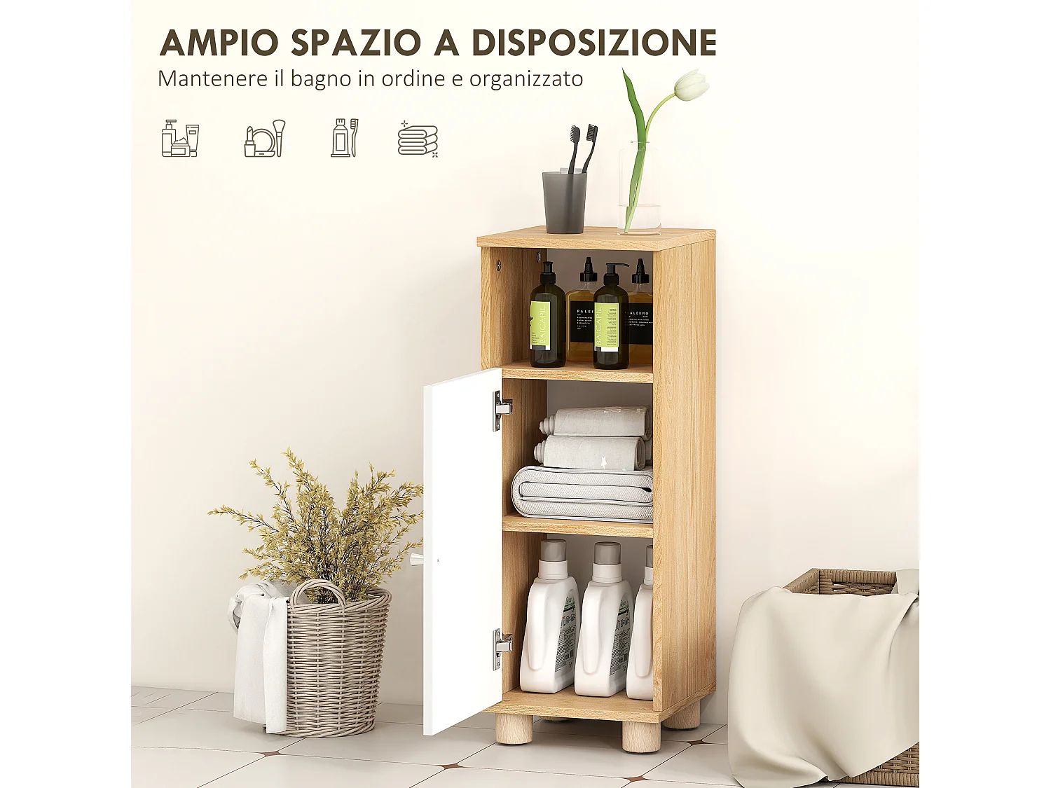 Mobile bagno con armadietto a 2 ripiani e vano aperto bianco e legno
