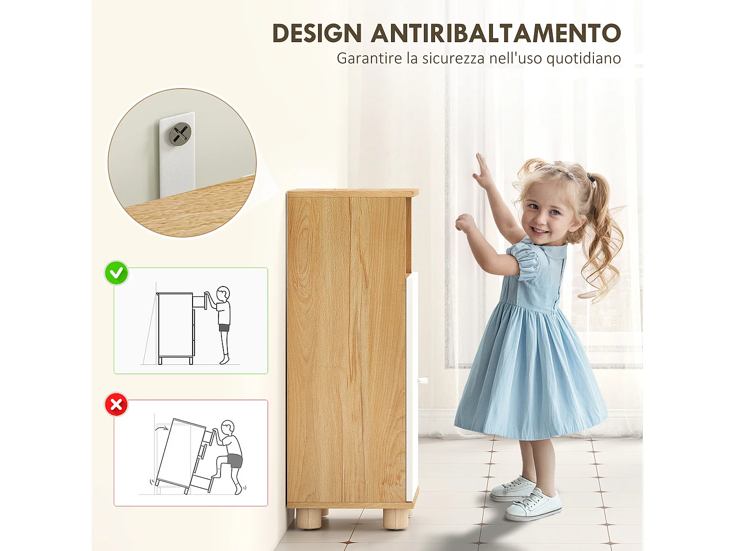 Mobile bagno con armadietto a 2 ripiani e vano aperto bianco e legno