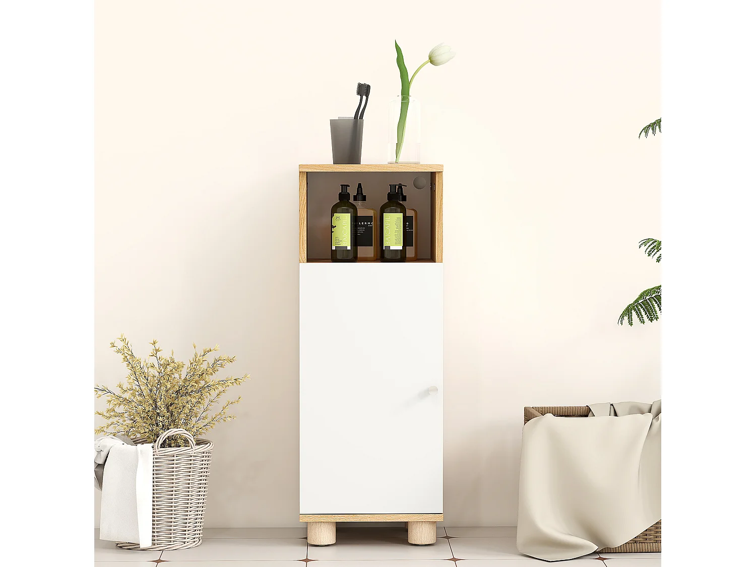 Mobile bagno con armadietto a 2 ripiani e vano aperto bianco e legno