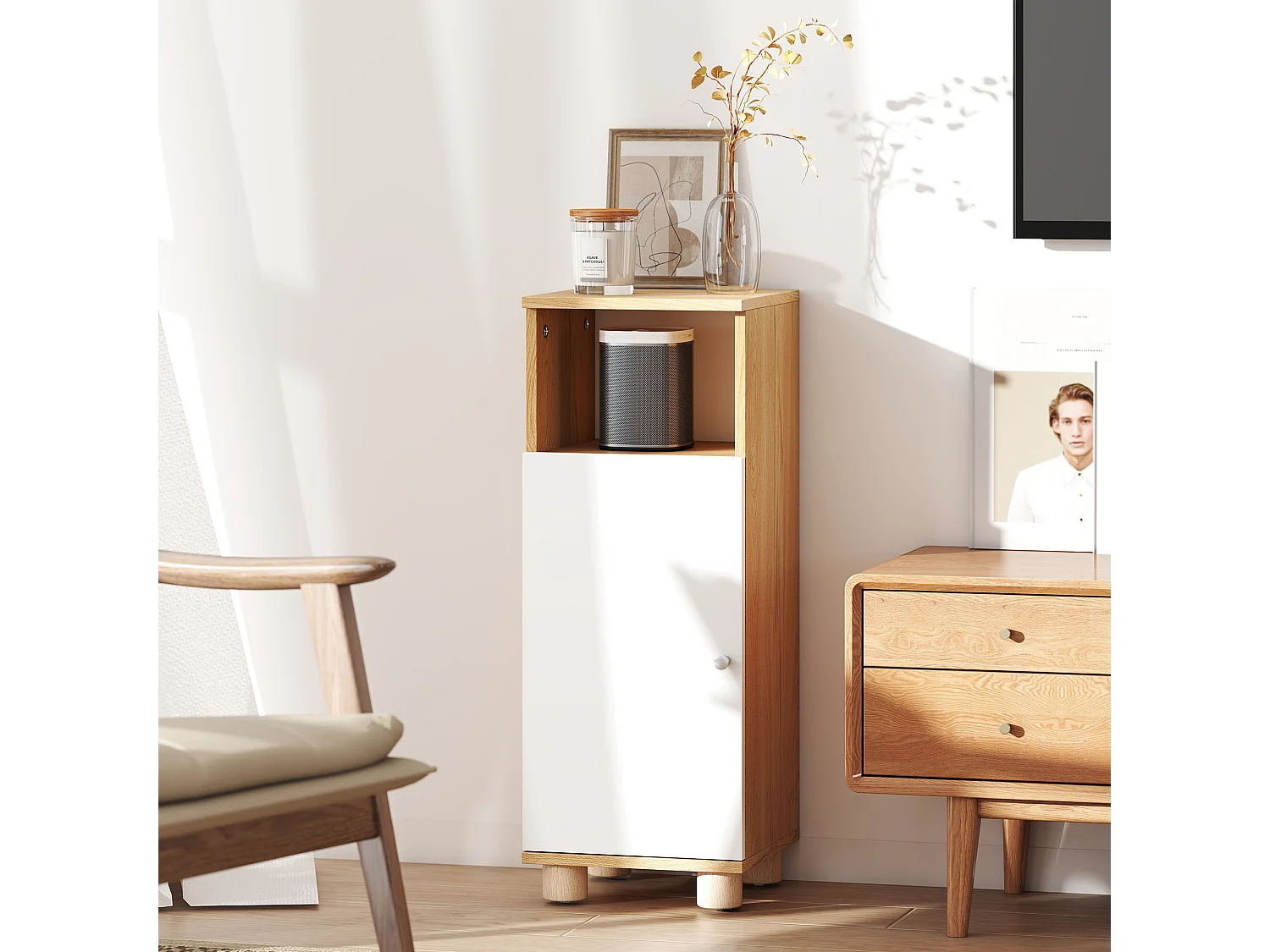 Mobile bagno con armadietto a 2 ripiani e vano aperto bianco e legno