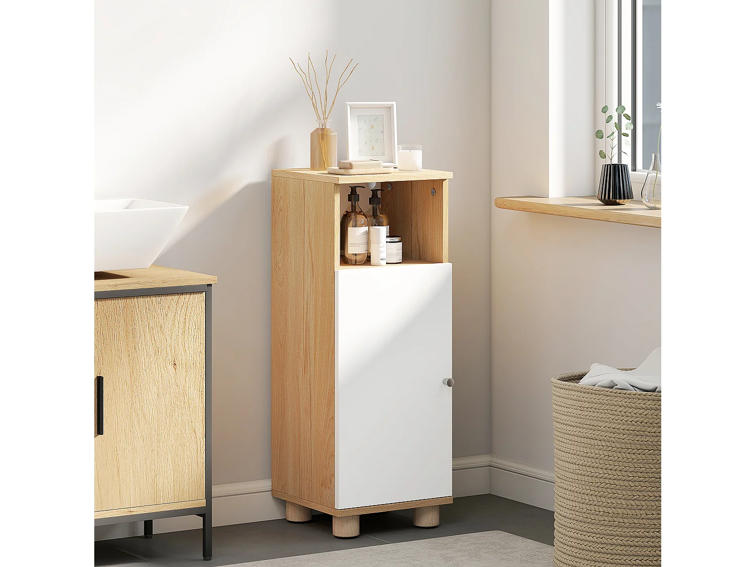 Mobile bagno con armadietto a 2 ripiani e vano aperto bianco e legno