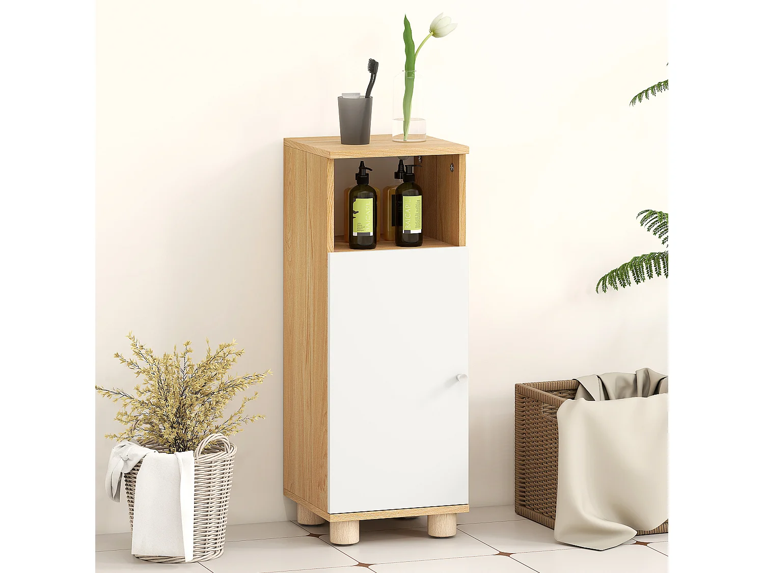 Mobile bagno con armadietto a 2 ripiani e vano aperto bianco e legno