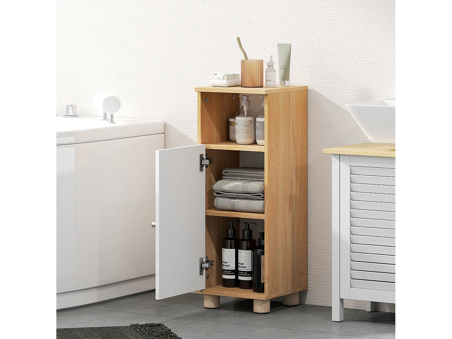 Mobile bagno con armadietto a 2 ripiani e vano aperto bianco e legno