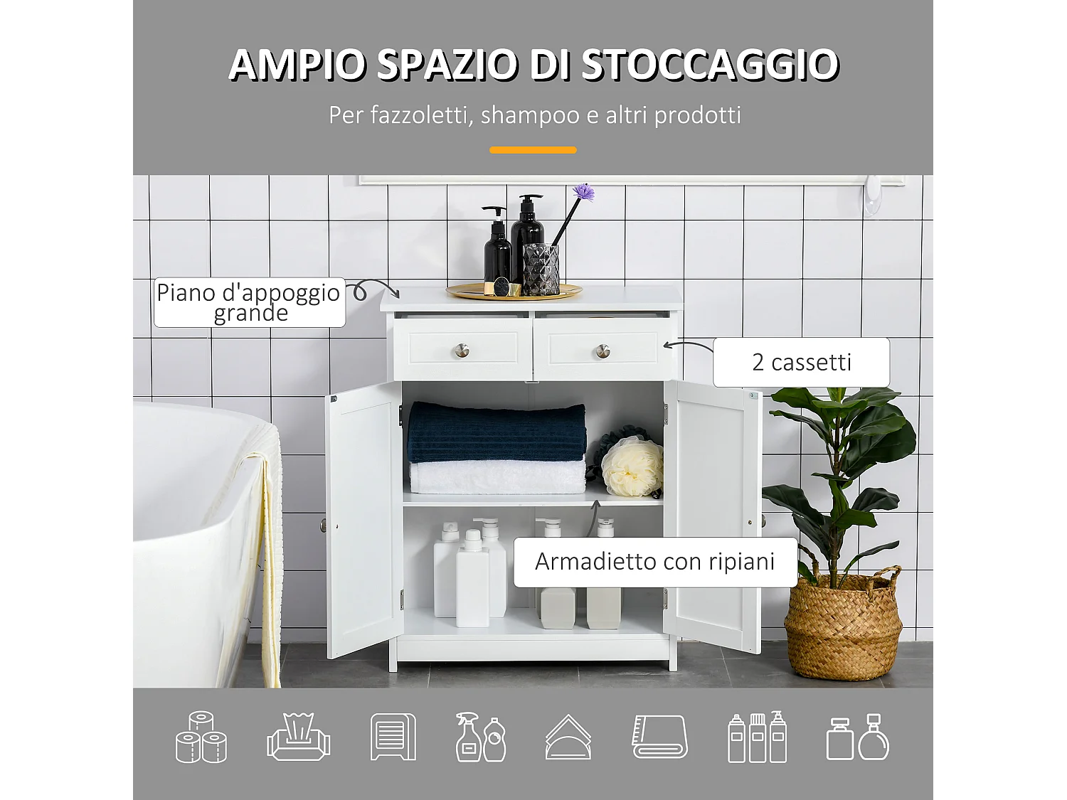 Mobile bagno 2 ante con ripiano regolabile e 2 cassetti bianco