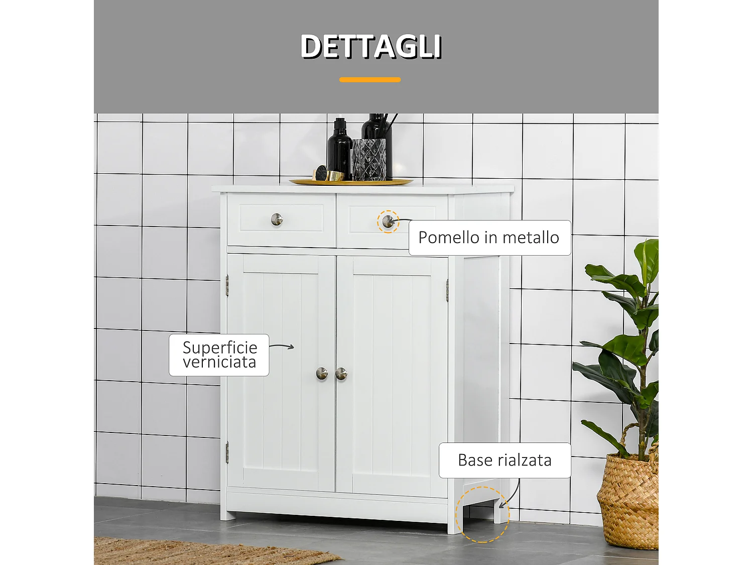 Mobile bagno 2 ante con ripiano regolabile e 2 cassetti bianco