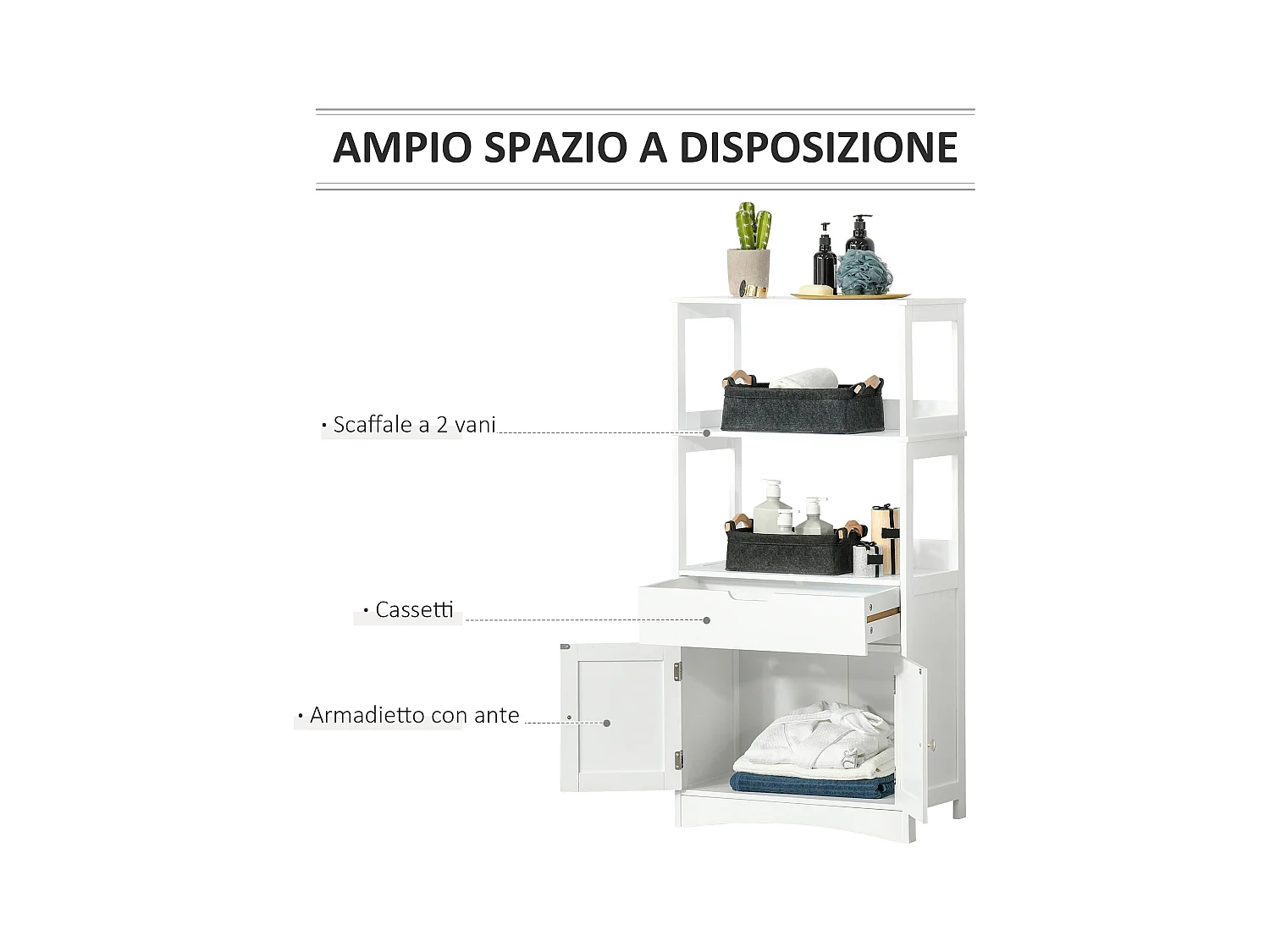 Mobile bagno multiuso in legno bianco con ante 60x33x122.5cm