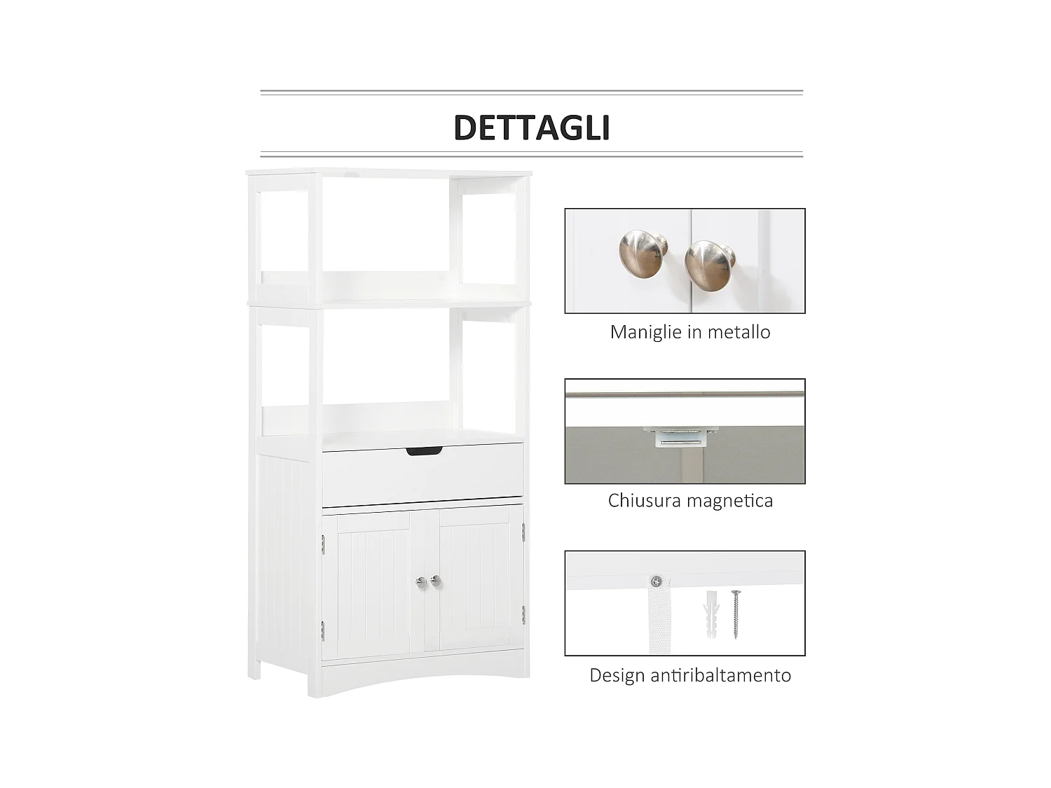 Mobile bagno multiuso in legno bianco con ante 60x33x122.5cm