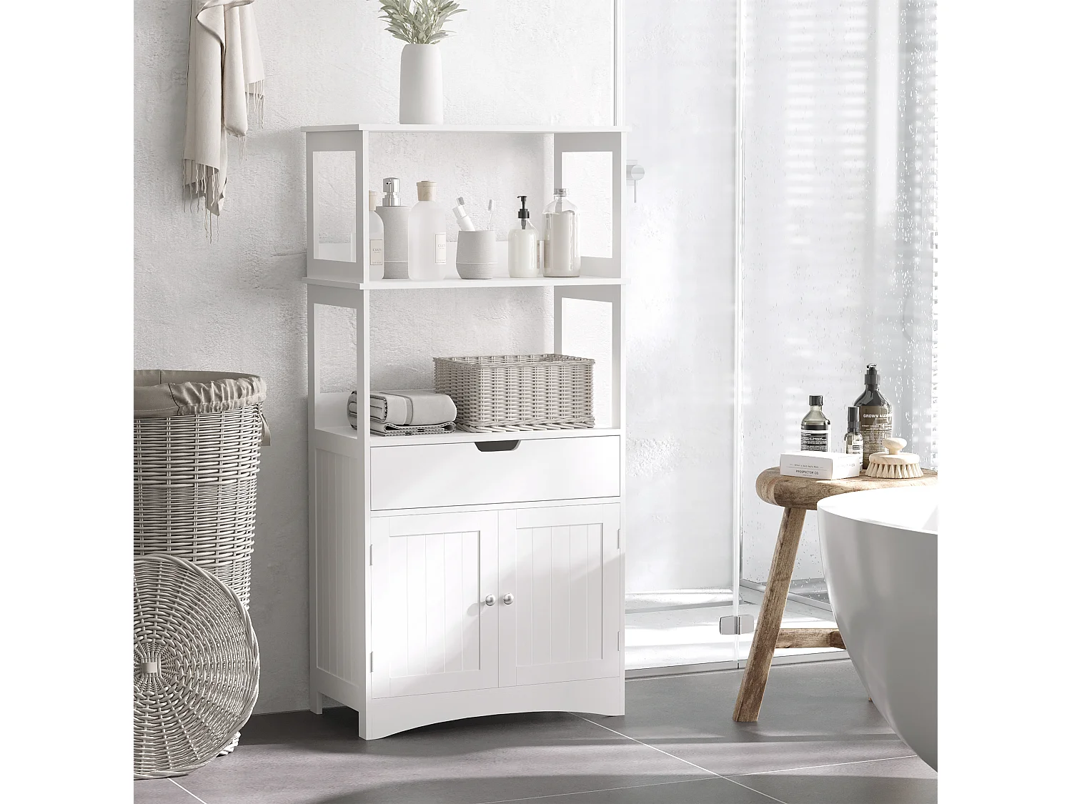Mobile bagno multiuso in legno bianco con ante 60x33x122.5cm