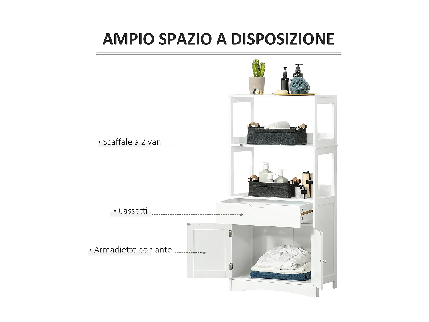 Mobile bagno multiuso in legno bianco con ante 60x33x122.5cm