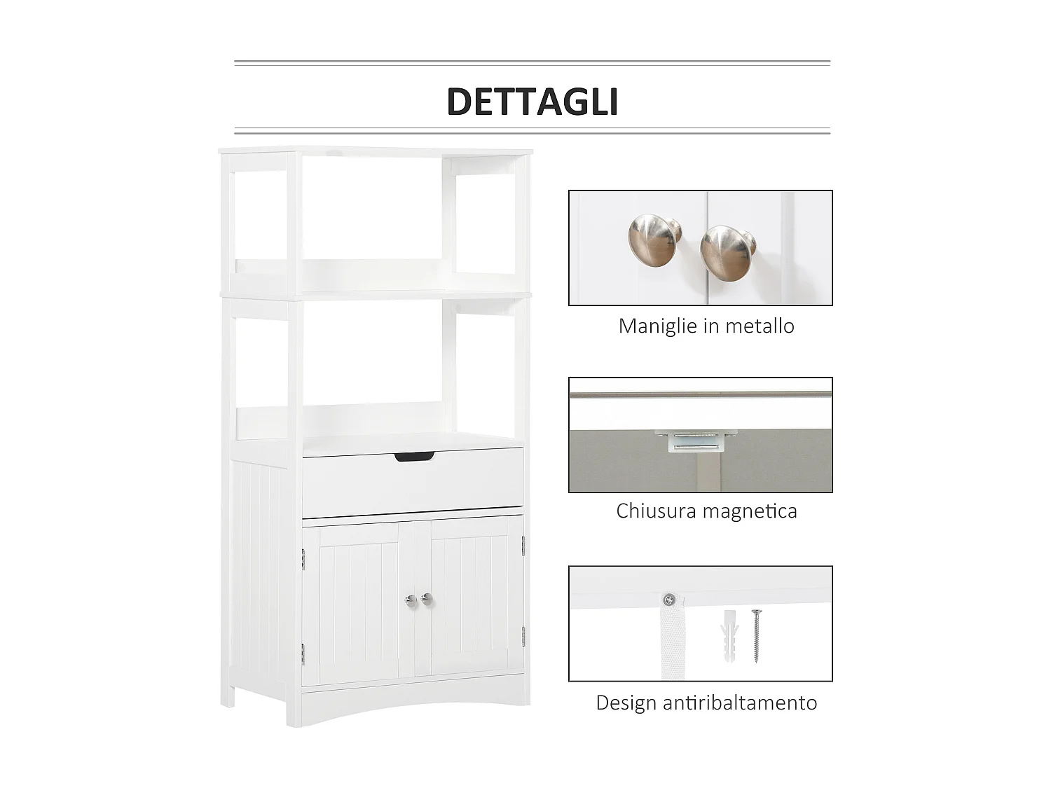 Mobile bagno multiuso in legno bianco con ante 60x33x122.5cm