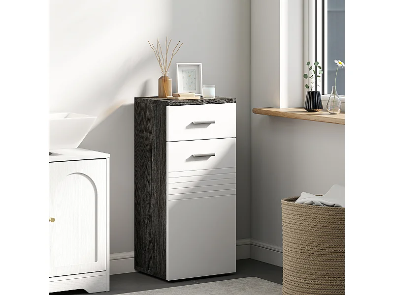 Mobiletto bagno con armadietto e cassetto in legno bianco e nero