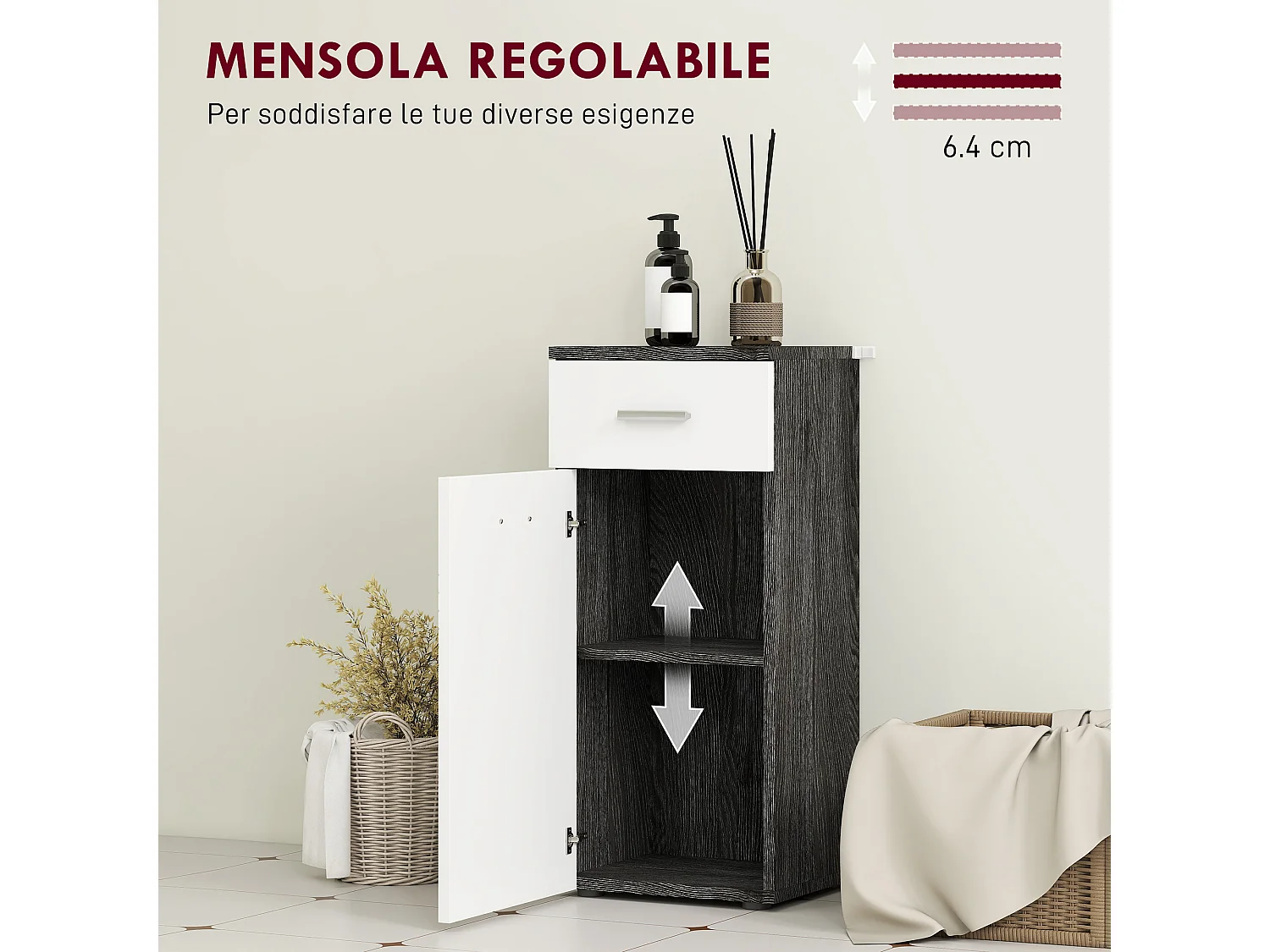 Mobiletto bagno con armadietto e cassetto in legno bianco e nero