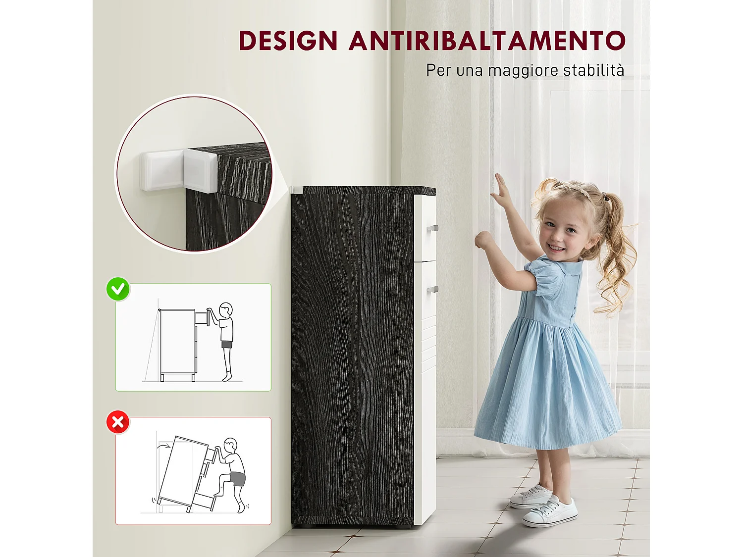 Mobiletto bagno con armadietto e cassetto in legno bianco e nero
