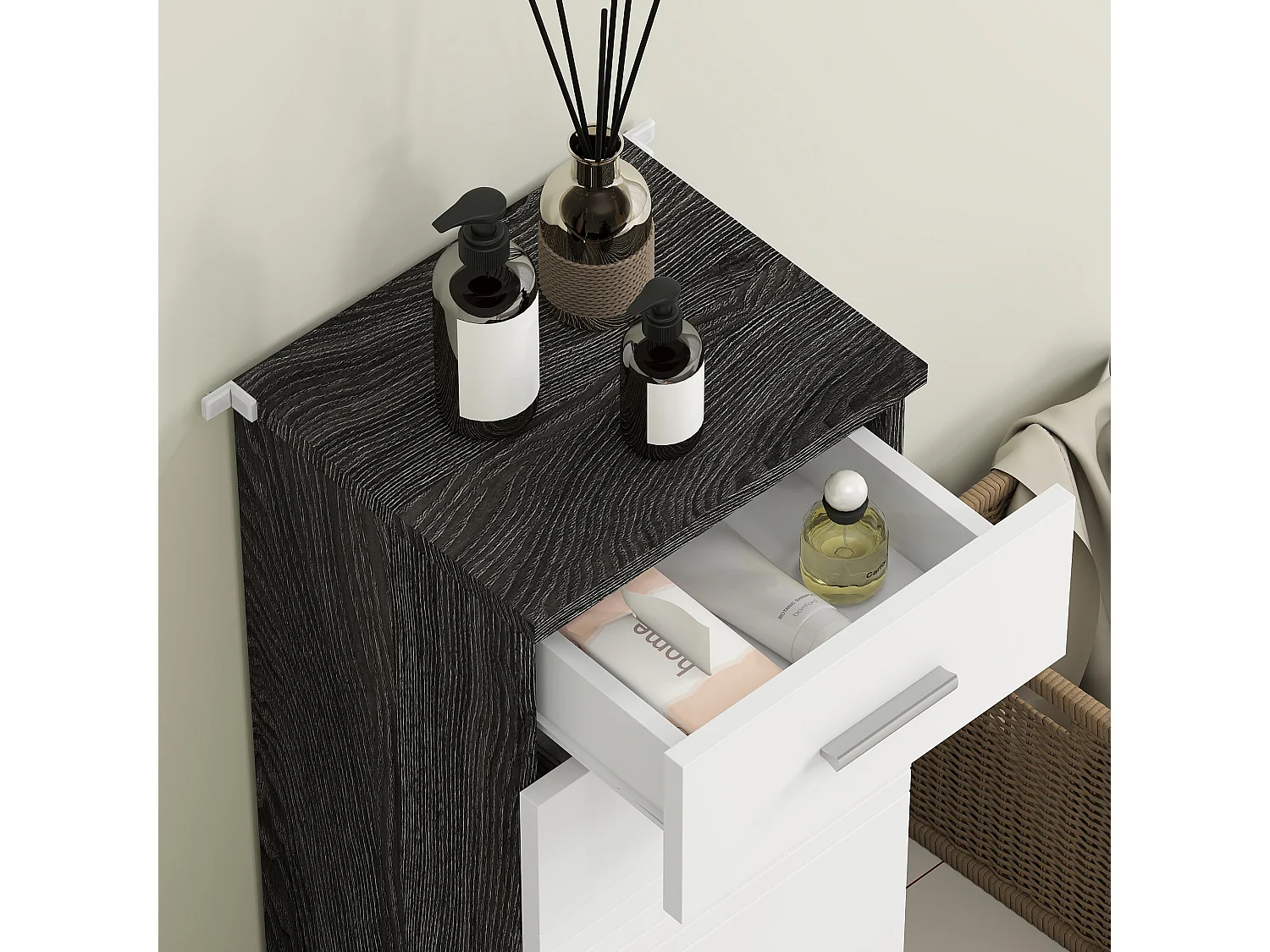 Mobiletto bagno con armadietto e cassetto in legno bianco e nero