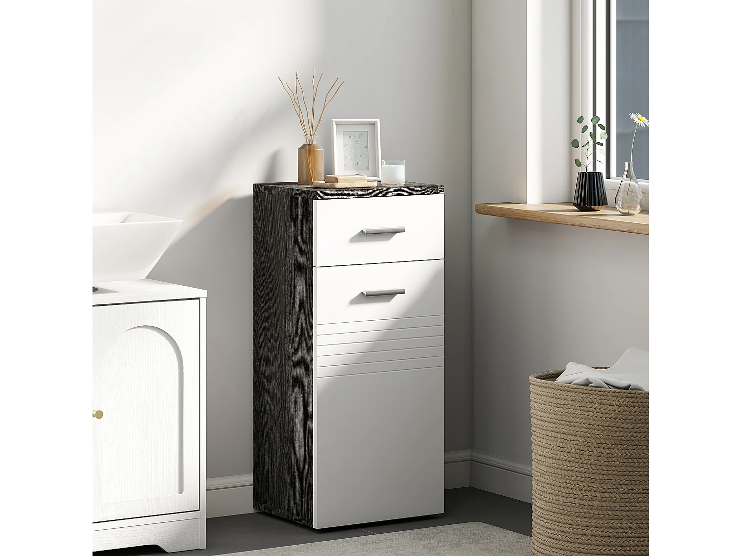 Mobiletto bagno con armadietto e cassetto in legno bianco e nero