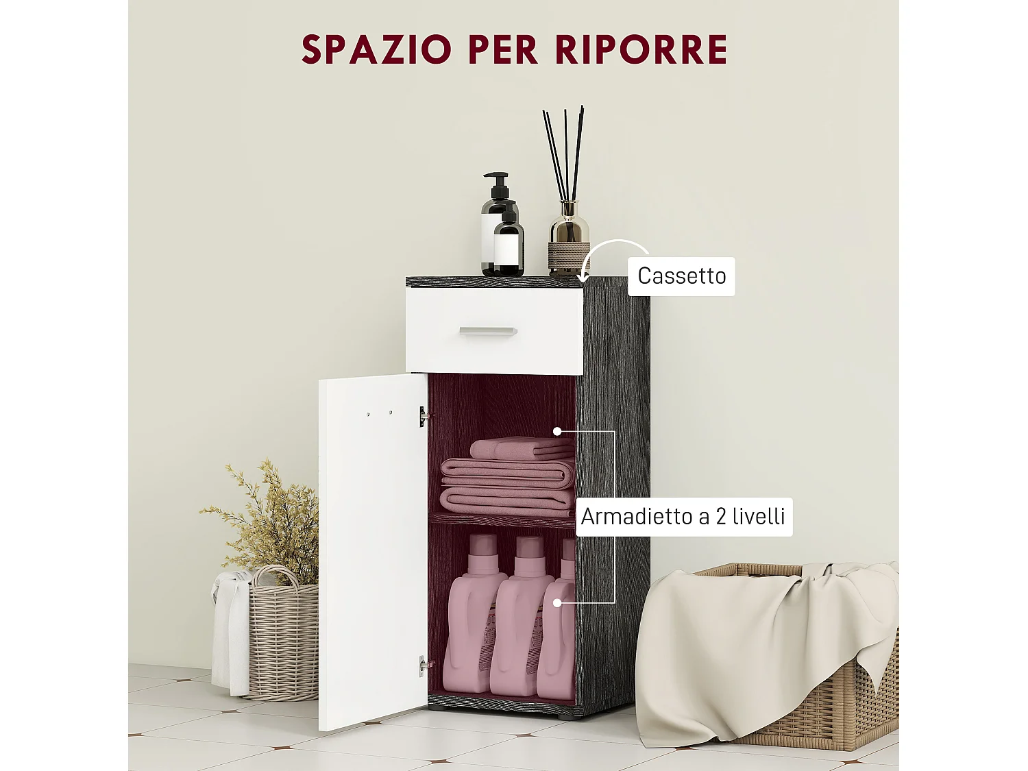 Mobiletto bagno con armadietto e cassetto in legno bianco e nero