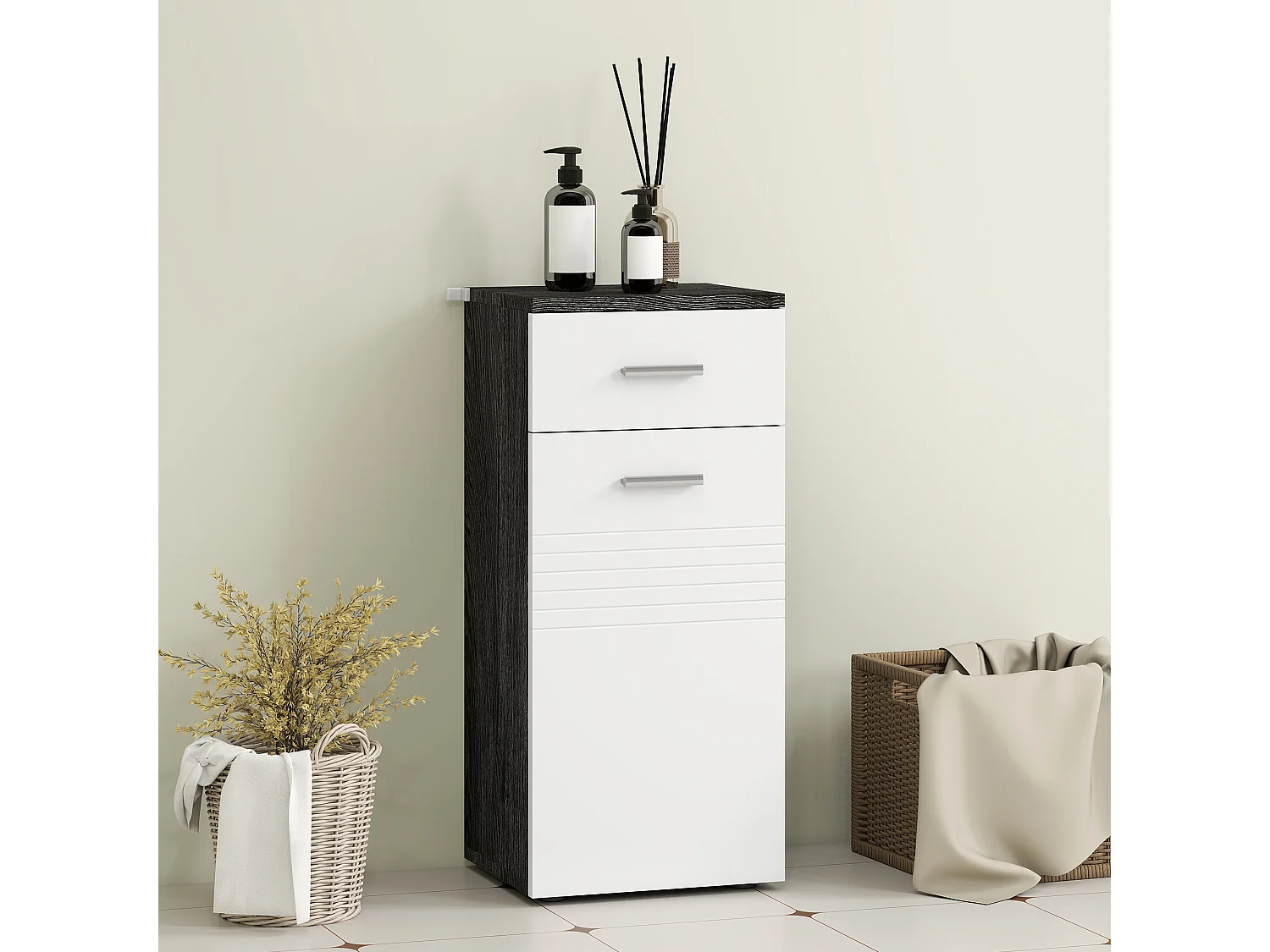 Mobiletto bagno con armadietto e cassetto in legno bianco e nero