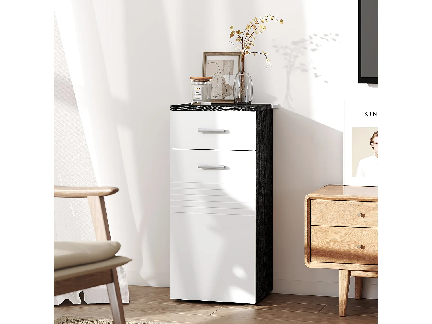 Mobiletto bagno con armadietto e cassetto in legno bianco e nero