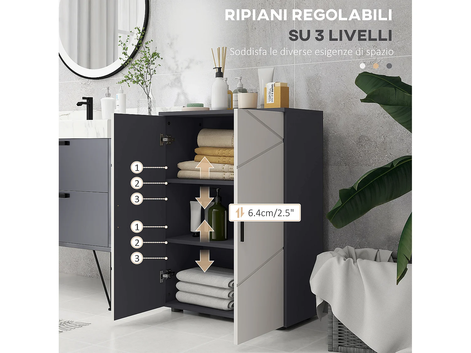 Mobile bagno 2 ante con 3 ripiani 60x30x82cm in legno grigio