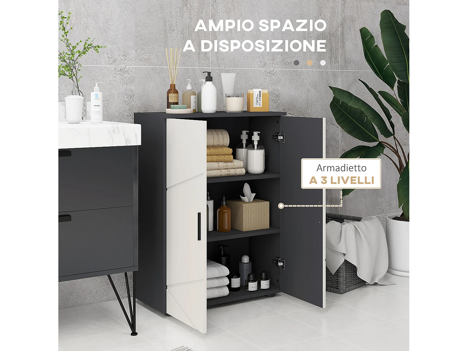 Mobile bagno 2 ante con 3 ripiani 60x30x82cm in legno grigio