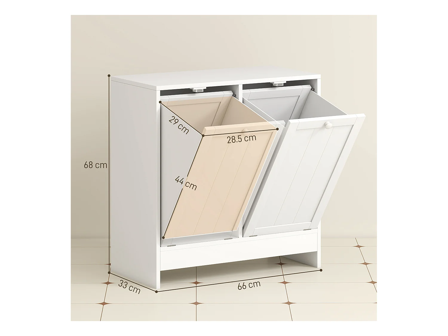 Mobile portabiancheria con 2 scomparti a ribalta in legno bianco