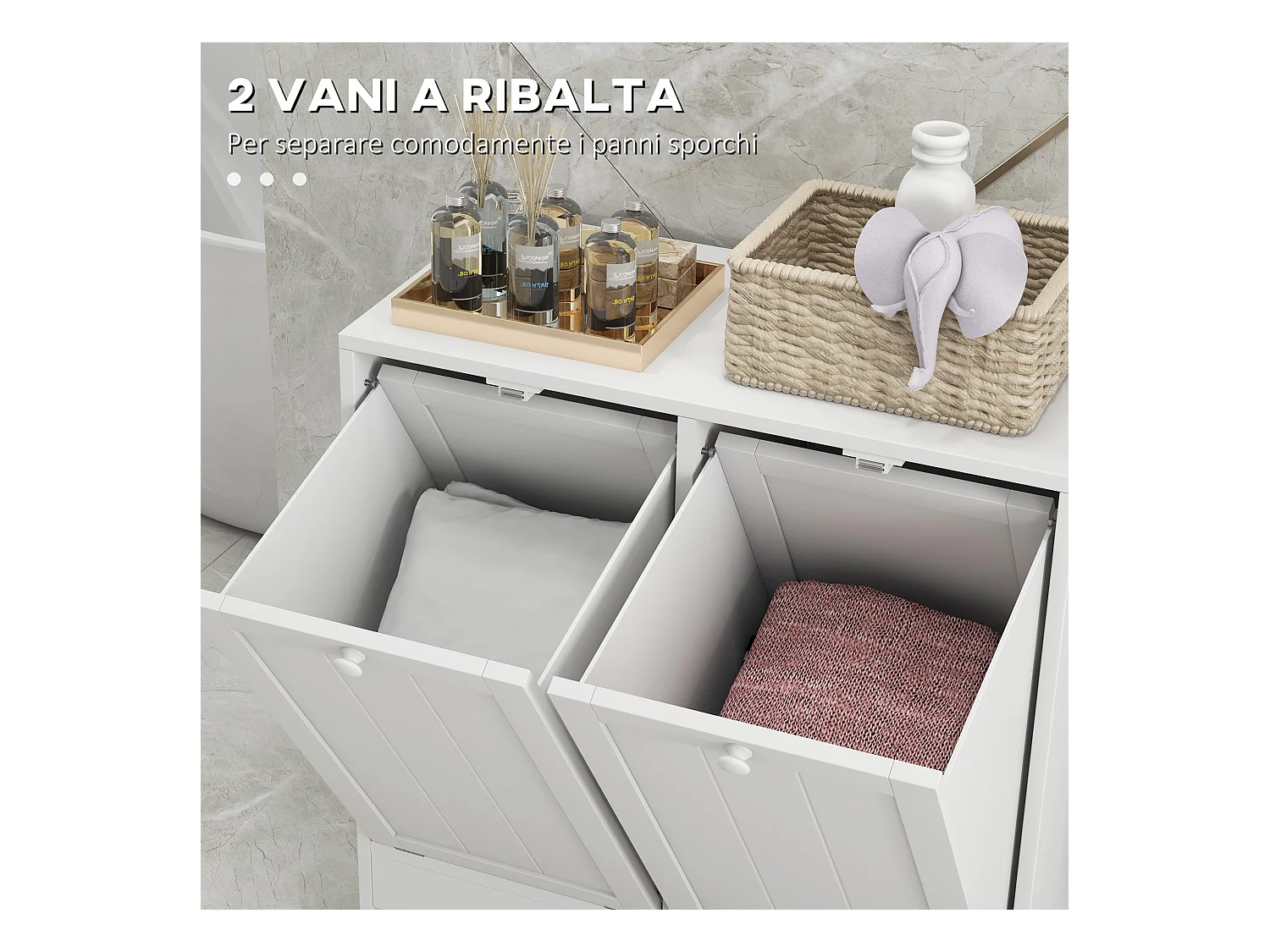 Mobile portabiancheria con 2 scomparti a ribalta in legno bianco