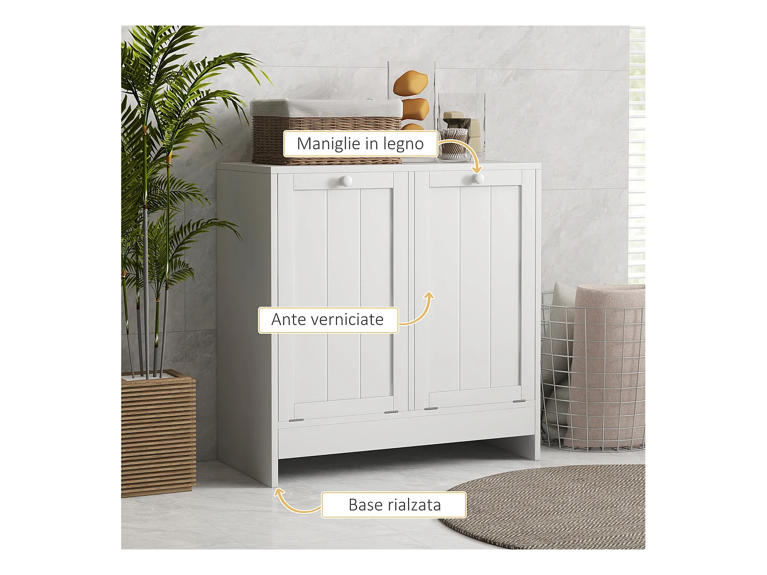 Mobile portabiancheria con 2 scomparti a ribalta in legno bianco