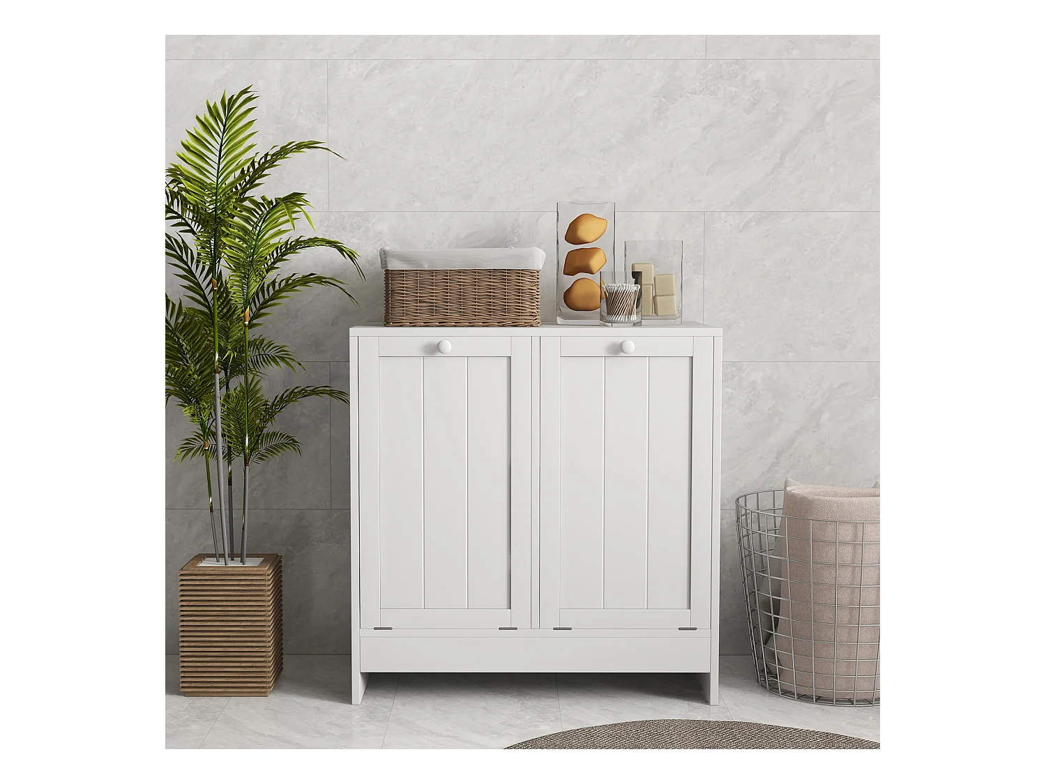 Mobile portabiancheria con 2 scomparti a ribalta in legno bianco