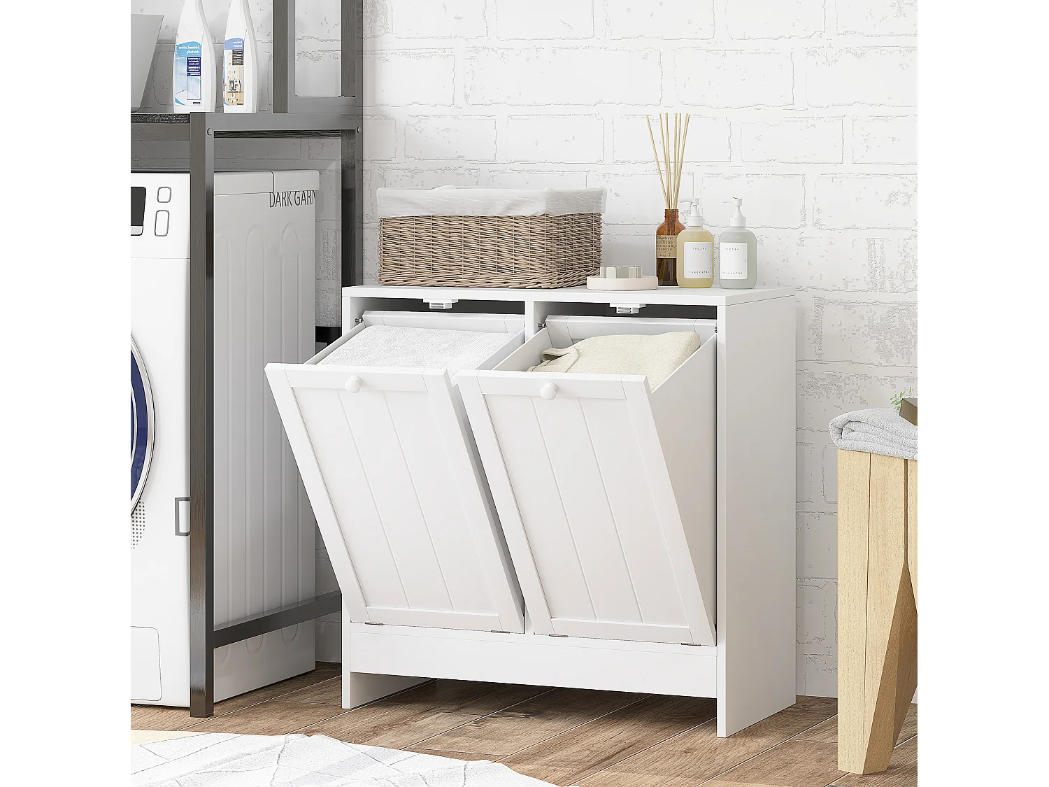 Mobile portabiancheria con 2 scomparti a ribalta in legno bianco