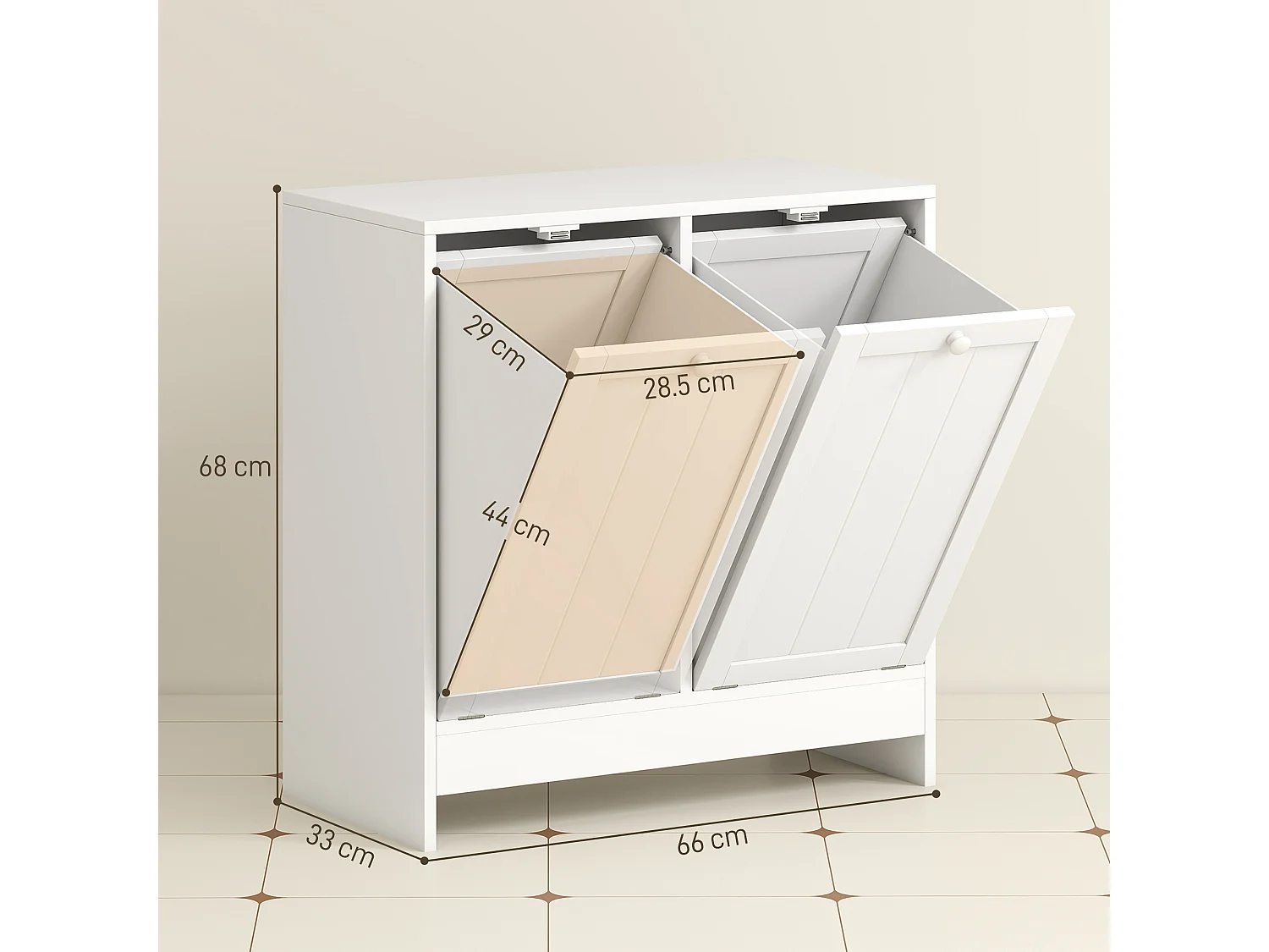 Mobile portabiancheria con 2 scomparti a ribalta in legno bianco