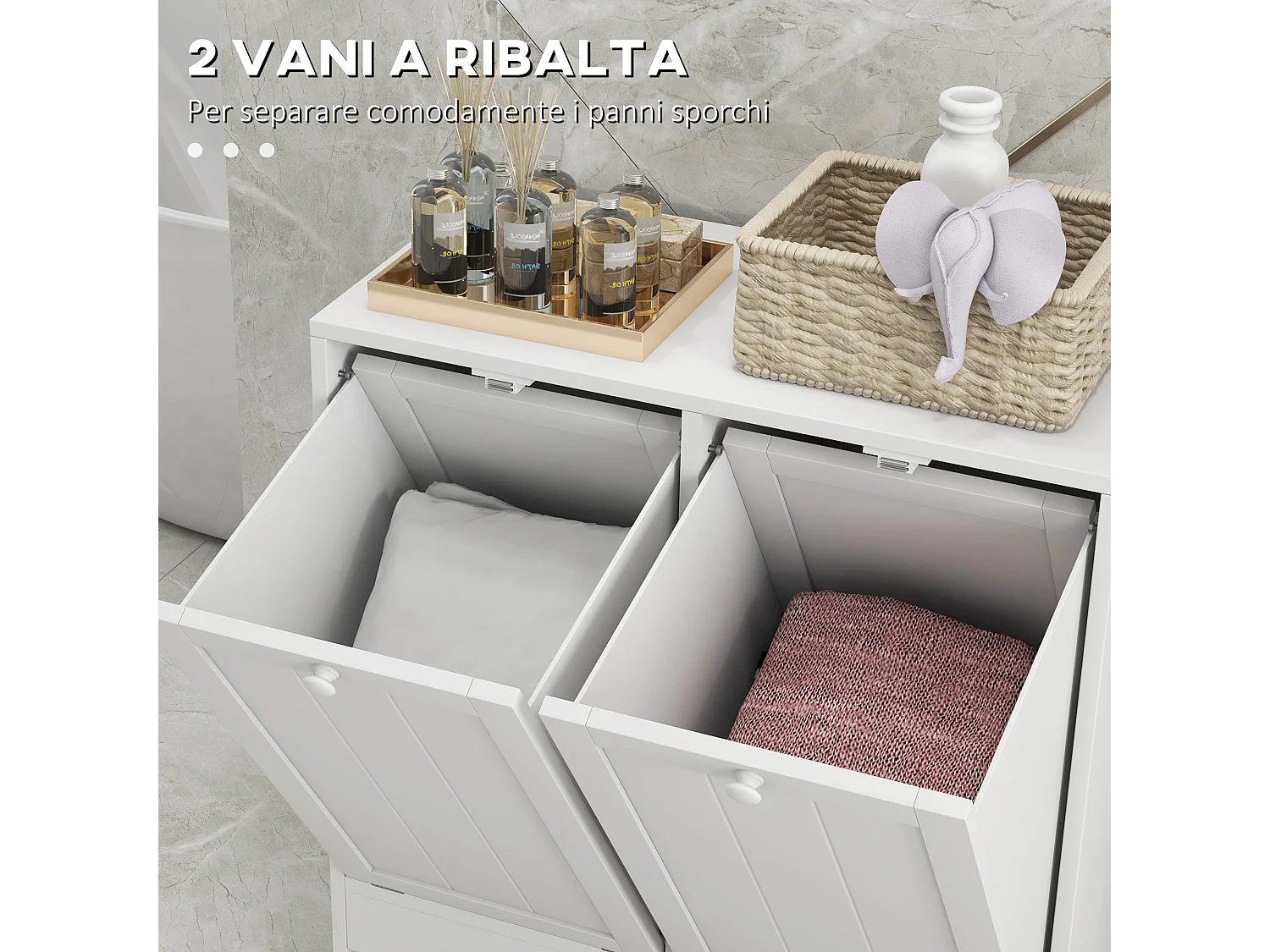 Mobile portabiancheria con 2 scomparti a ribalta in legno bianco