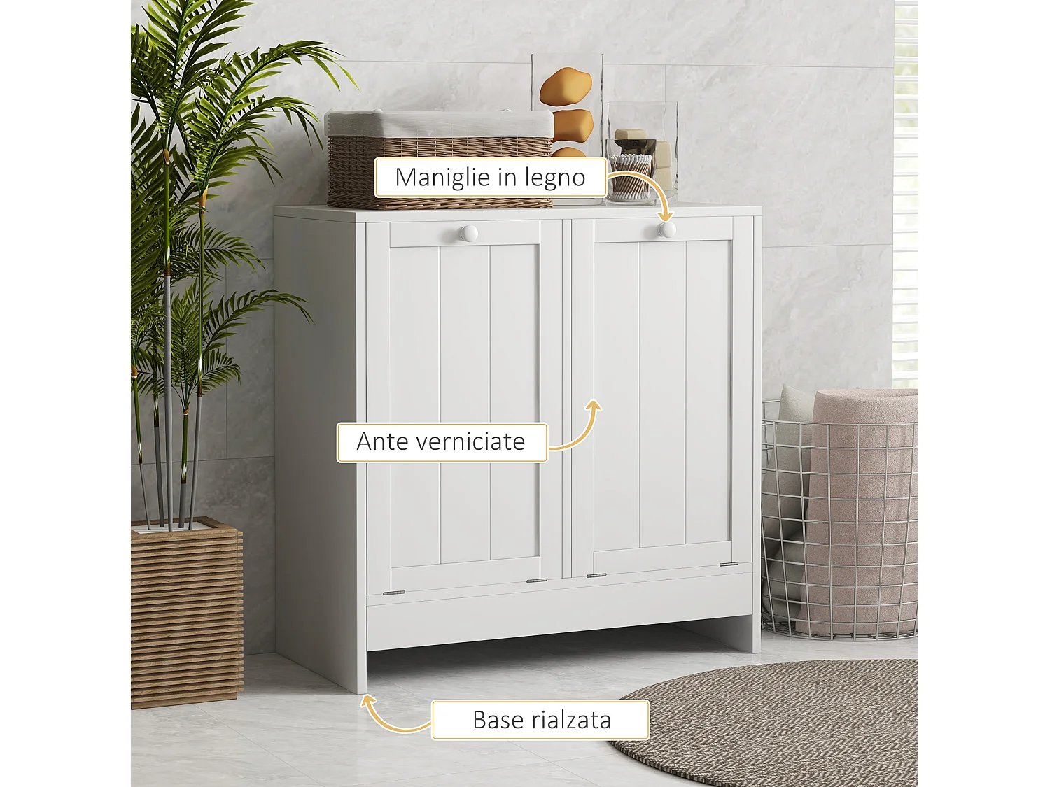 Mobile portabiancheria con 2 scomparti a ribalta in legno bianco