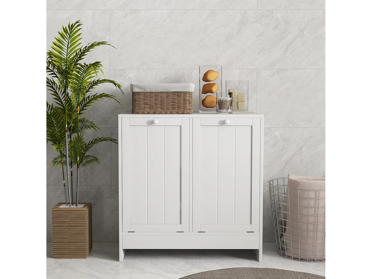 Mobile portabiancheria con 2 scomparti a ribalta in legno bianco