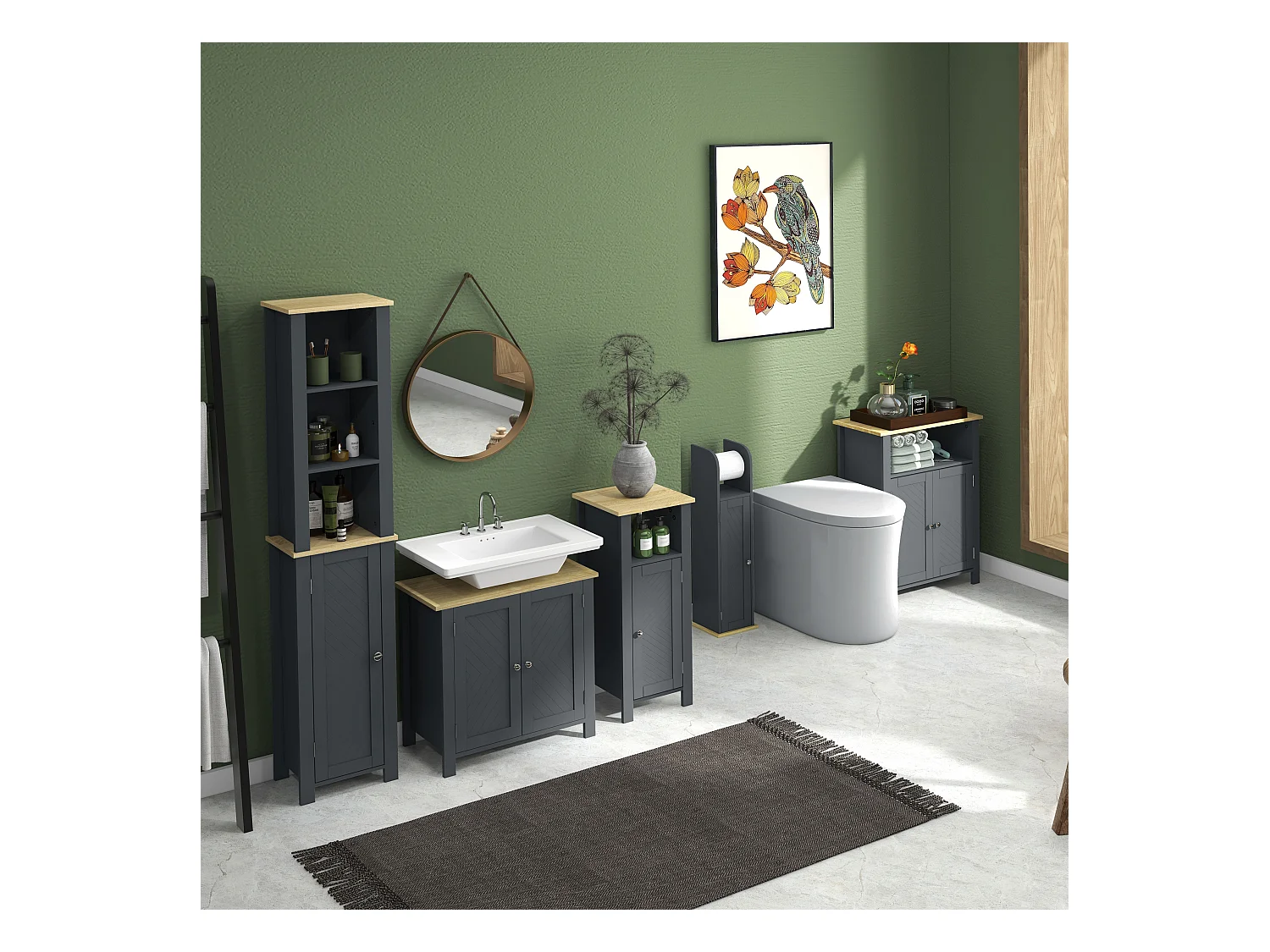 Mobiletto bagno a 3 ripiani e 2 ante con design rialzato