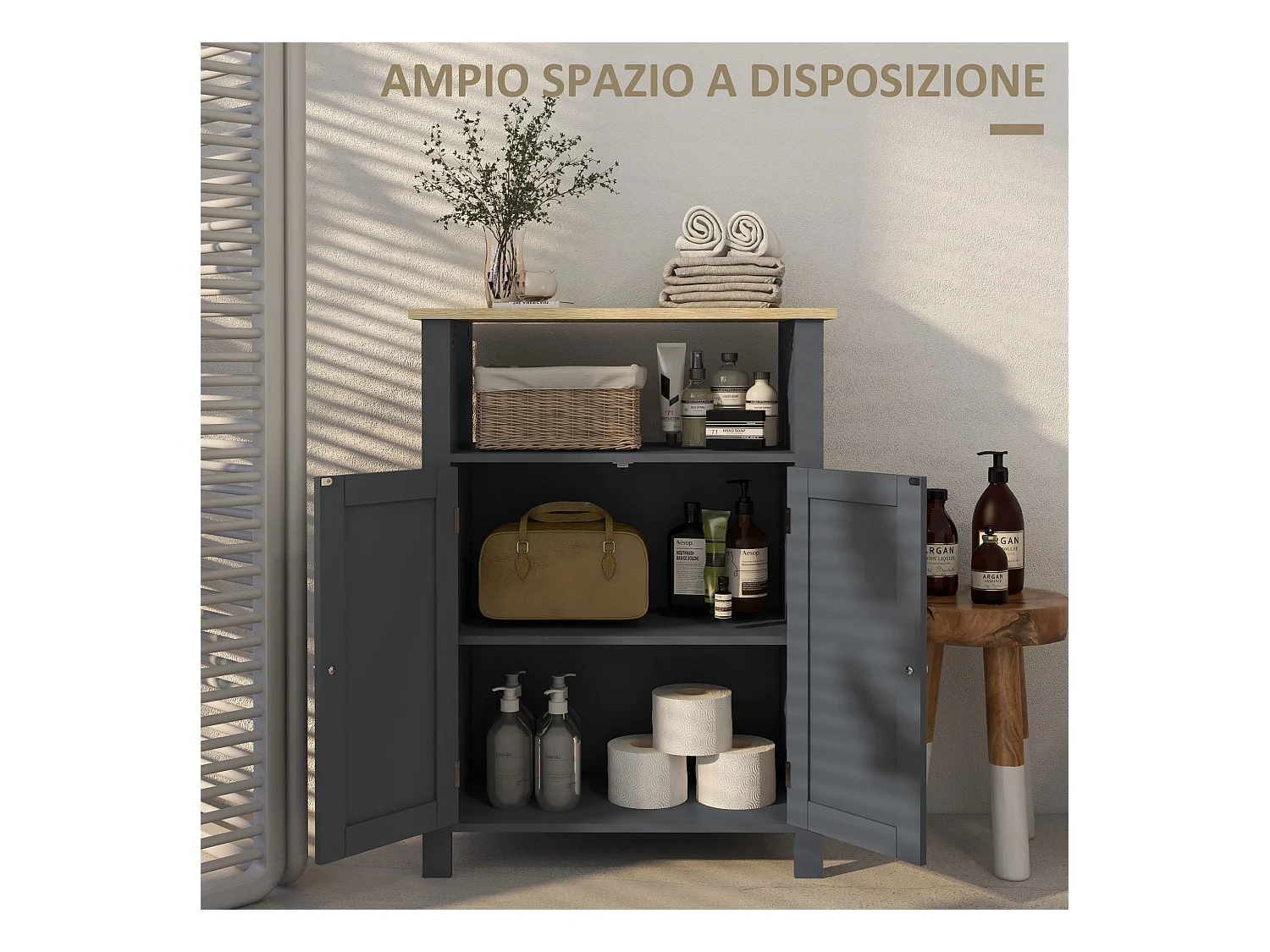 Mobiletto bagno a 3 ripiani e 2 ante con design rialzato