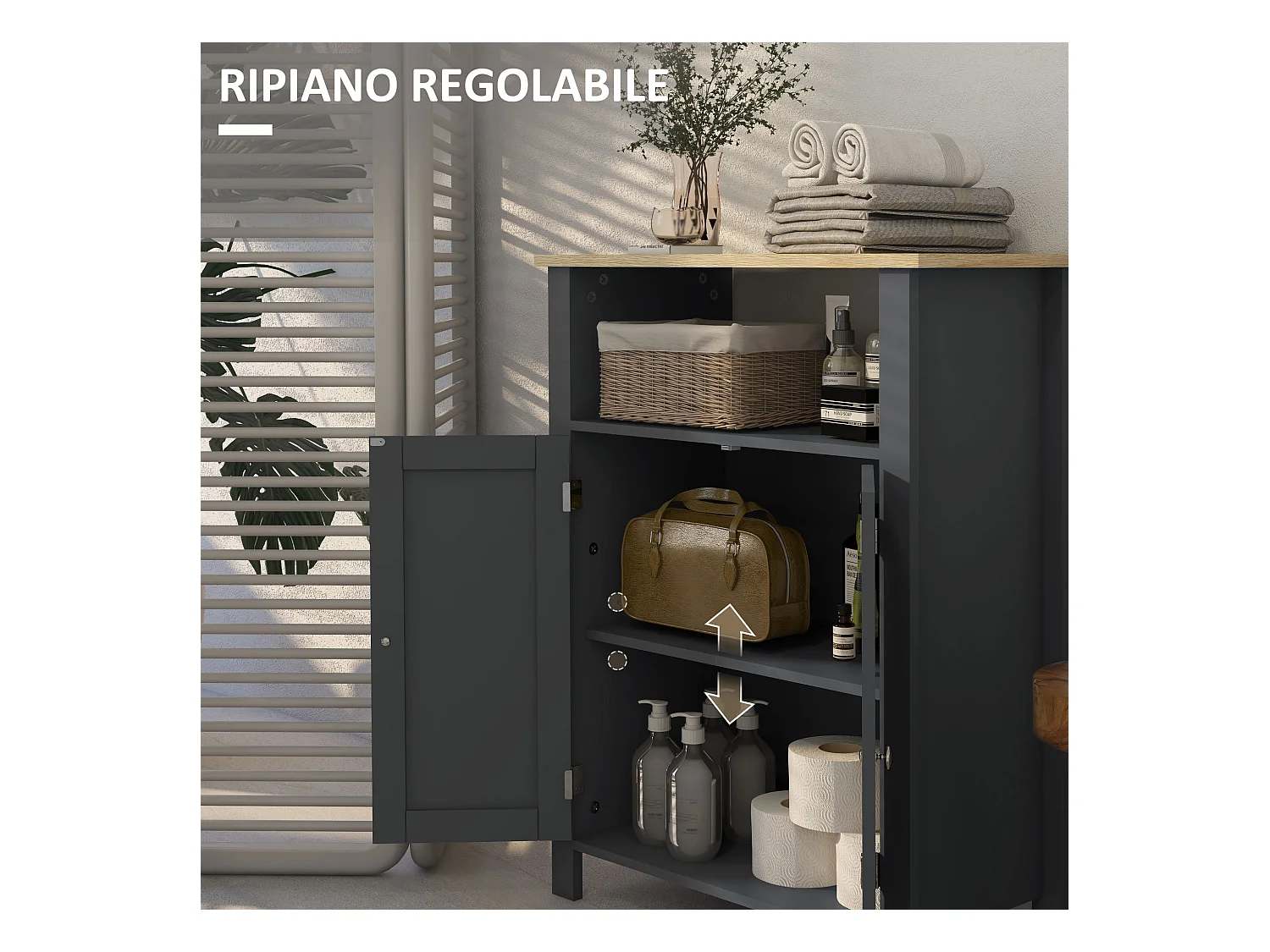 Mobiletto bagno a 3 ripiani e 2 ante con design rialzato