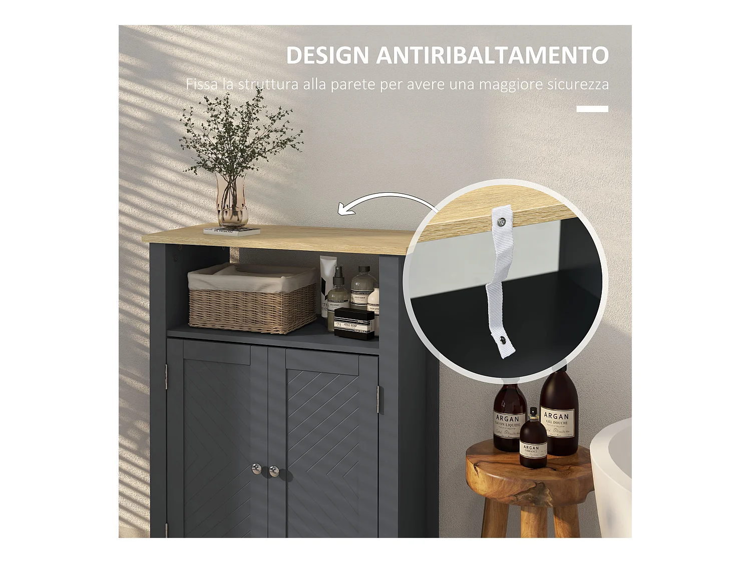 Mobiletto bagno a 3 ripiani e 2 ante con design rialzato