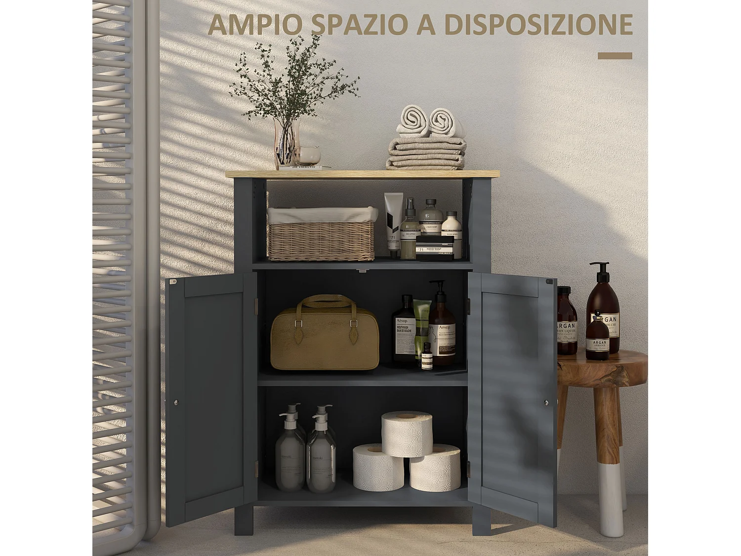 Mobiletto bagno a 3 ripiani e 2 ante con design rialzato