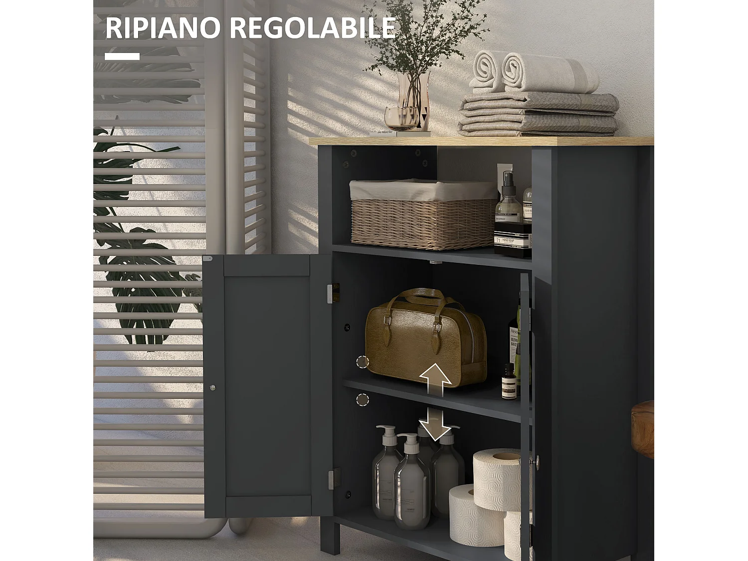 Mobiletto bagno a 3 ripiani e 2 ante con design rialzato