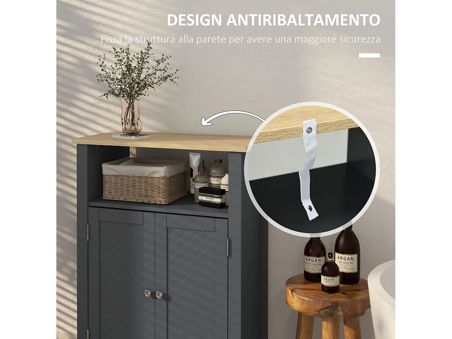Mobiletto bagno a 3 ripiani e 2 ante con design rialzato