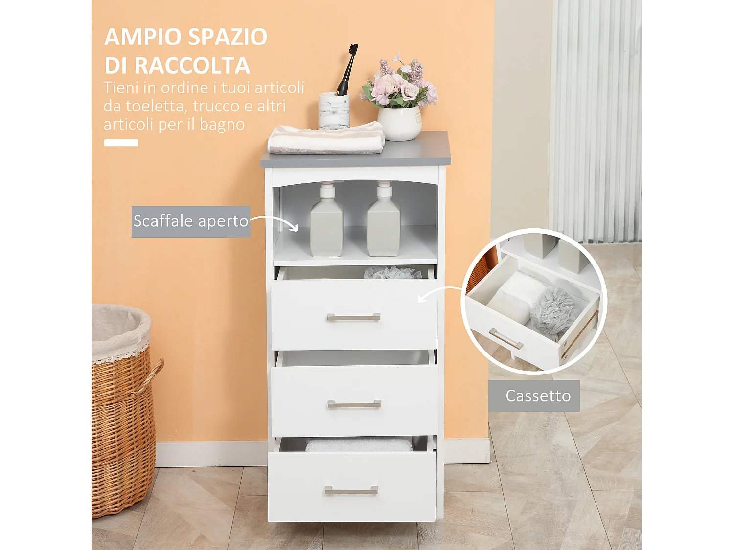Mobiletto bagno con 3 cassetti e ripiano aperto in mdf bianco